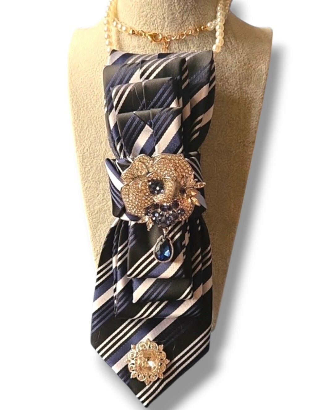 3/$60 Navy, Black and White Striped Cravat with Decorative Floral Cryst Brooch